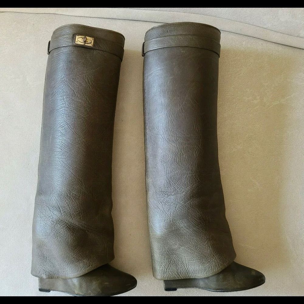 Givenchy Shark Lock Khaki Green Leather Boots 37